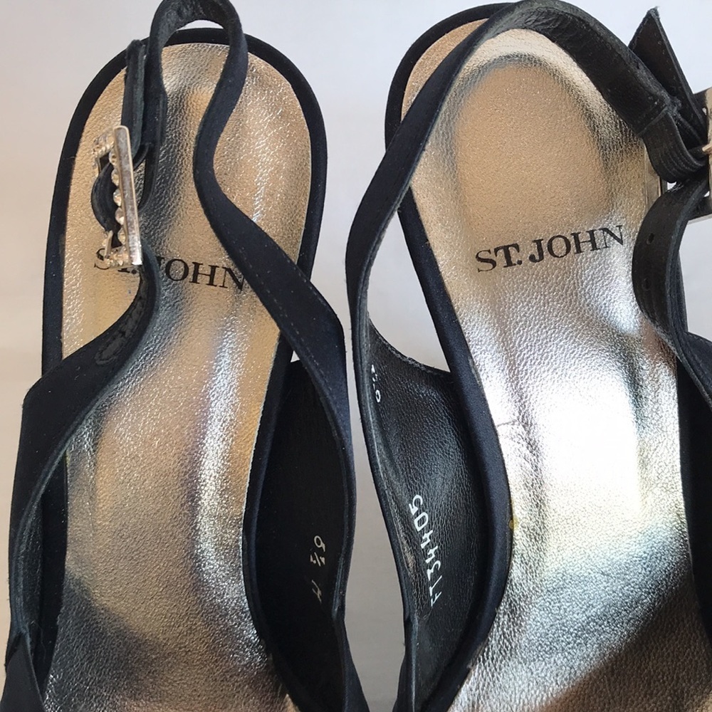 St. John black satiny platform heels with ankle strap, crystal buckle, size 6.5 - Picture 5 of 7